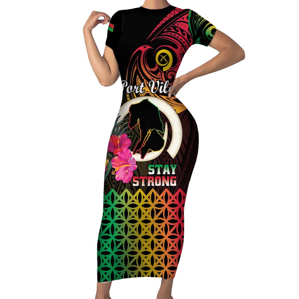 Personalised Vanuatu Port Vila Stay Strong Family Matching Short Sleeve Bodycon Dress and Hawaiian Shirt Long God Yumi Stanap LT01 Mom's Dress Black - Polynesian Pride