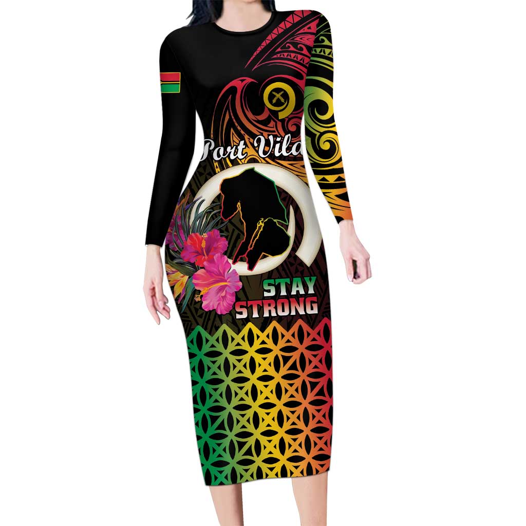 Personalised Vanuatu Port Vila Stay Strong Long Sleeve Bodycon Dress Long God Yumi Stanap LT01 Long Dress Black - Polynesian Pride