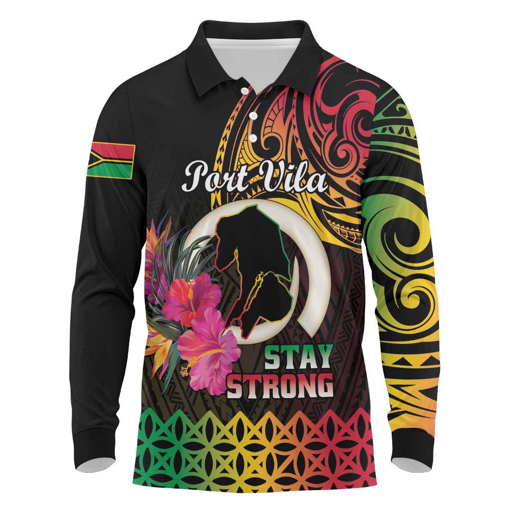 Personalised Vanuatu Port Vila Stay Strong Long Sleeve Polo Shirt Long God Yumi Stanap LT01 Black - Polynesian Pride