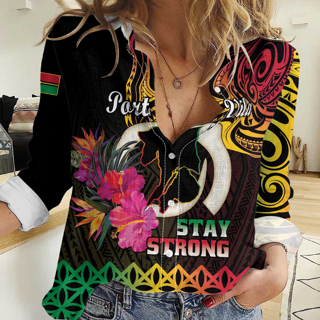 Personalised Vanuatu Port Vila Stay Strong Women Casual Shirt Long God Yumi Stanap LT01 Female Black - Polynesian Pride