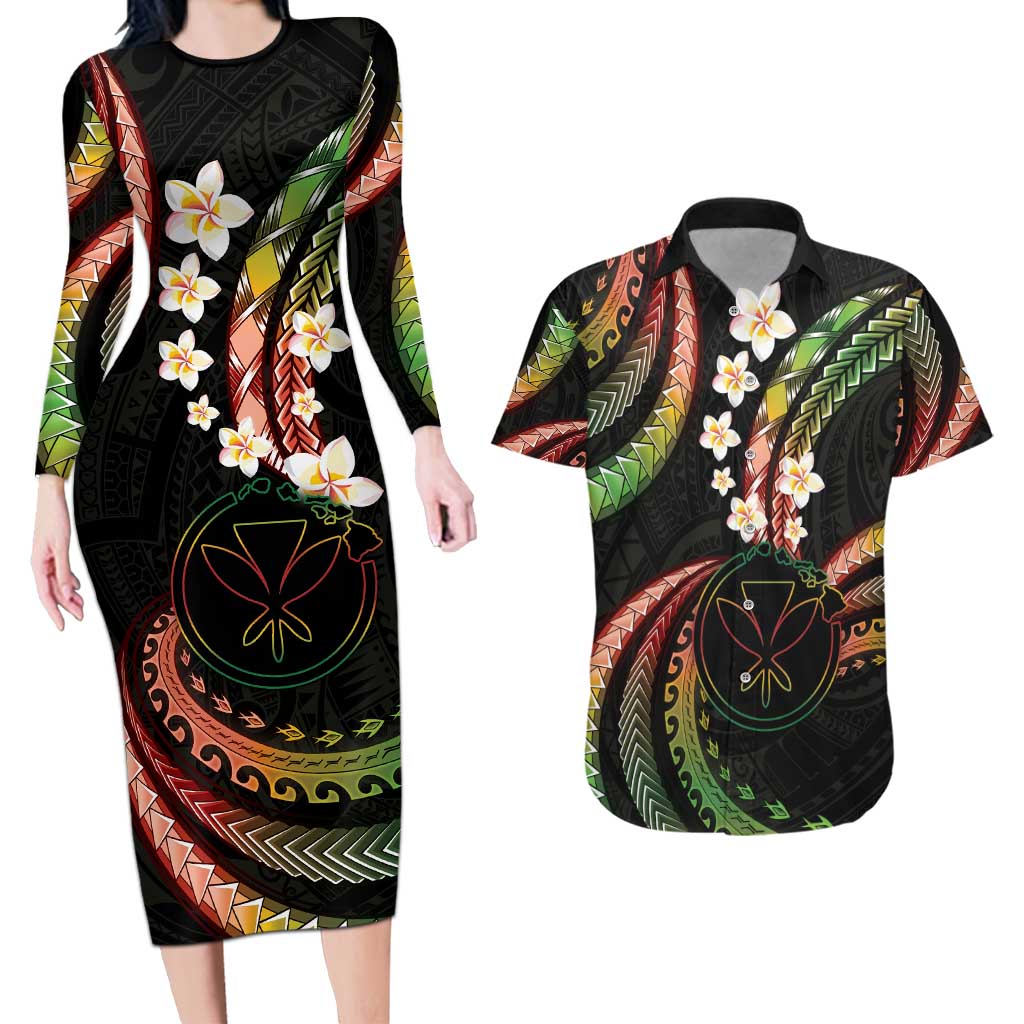 Hawaii Map Kanaka Maoli Couples Matching Long Sleeve Bodycon Dress and Hawaiian Shirt Fantastic Frangipani Reggae