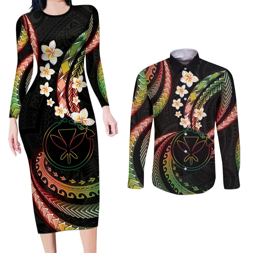 Hawaii Map Kanaka Maoli Couples Matching Long Sleeve Bodycon Dress and Long Sleeve Button Shirt Fantastic Frangipani Reggae