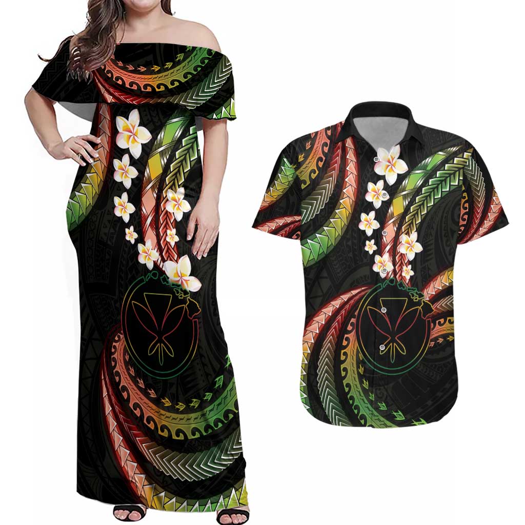 Hawaii Map Kanaka Maoli Couples Matching Off Shoulder Maxi Dress and Hawaiian Shirt Fantastic Frangipani Reggae