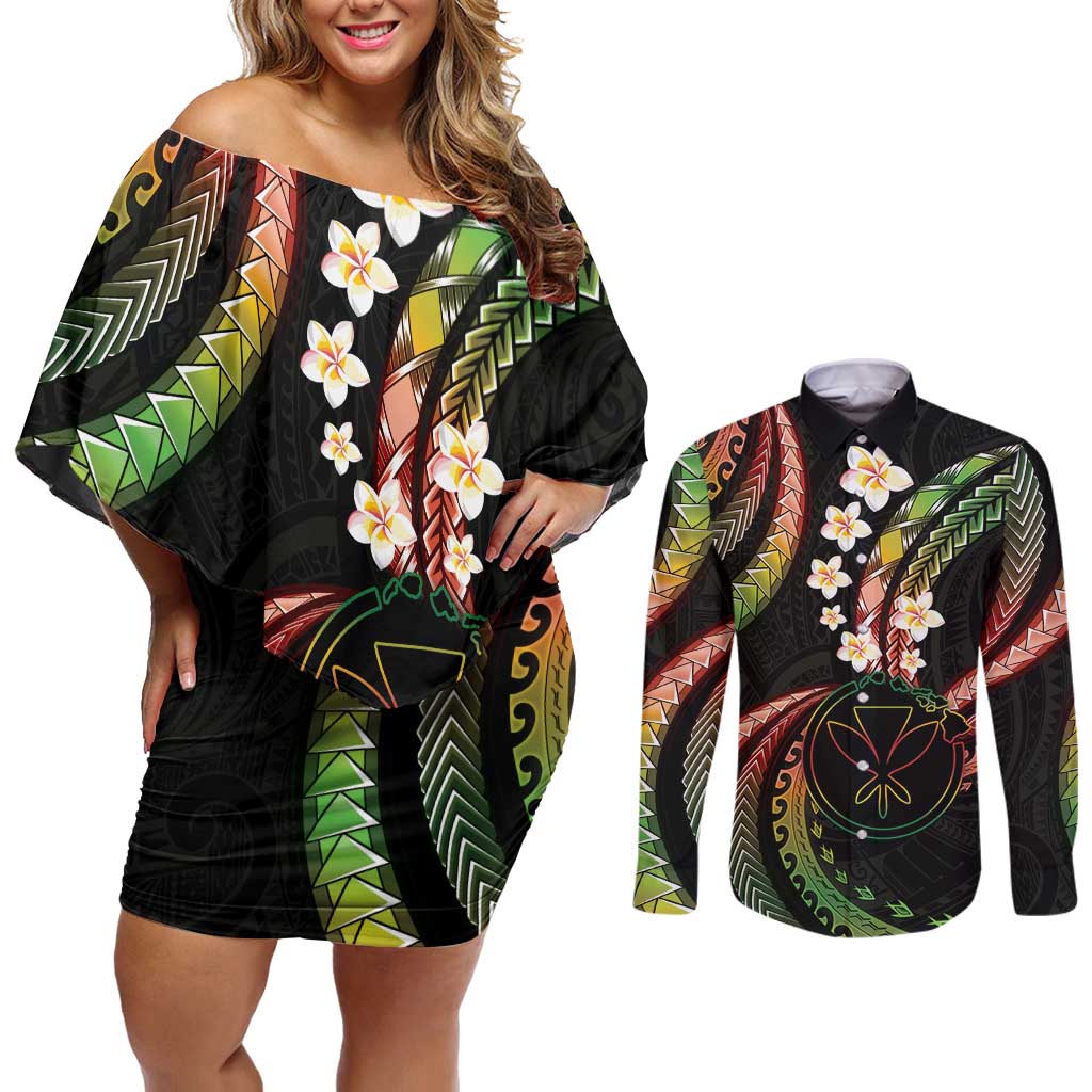 Hawaii Map Kanaka Maoli Couples Matching Off Shoulder Short Dress and Long Sleeve Button Shirt Fantastic Frangipani Reggae