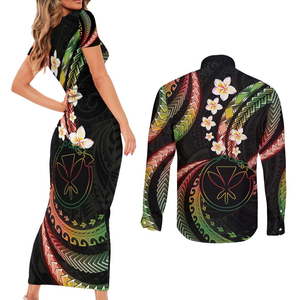 Hawaii Map Kanaka Maoli Couples Matching Short Sleeve Bodycon Dress and Long Sleeve Button Shirt Fantastic Frangipani Reggae