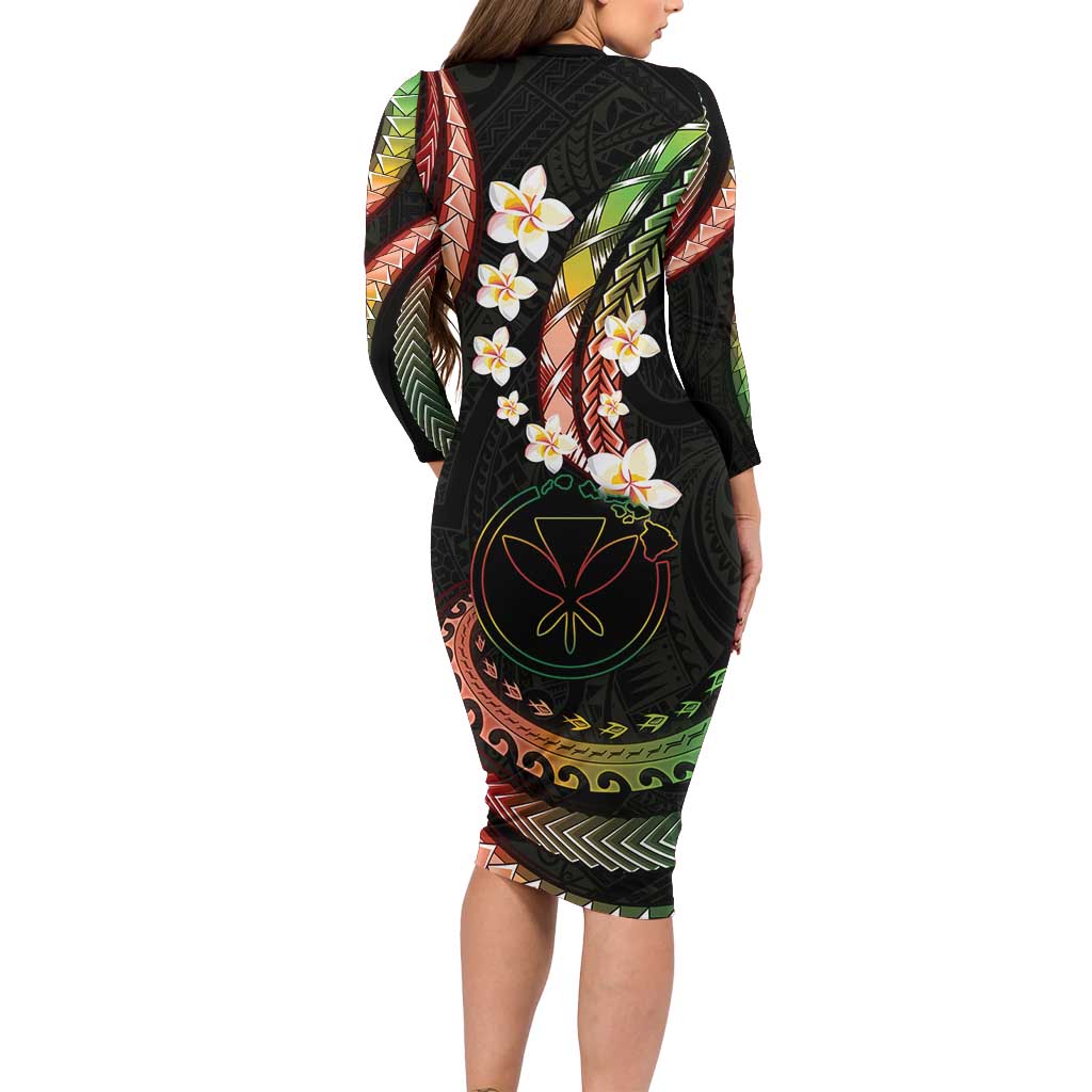 Hawaii Map Kanaka Maoli Long Sleeve Bodycon Dress Fantastic Frangipani Reggae