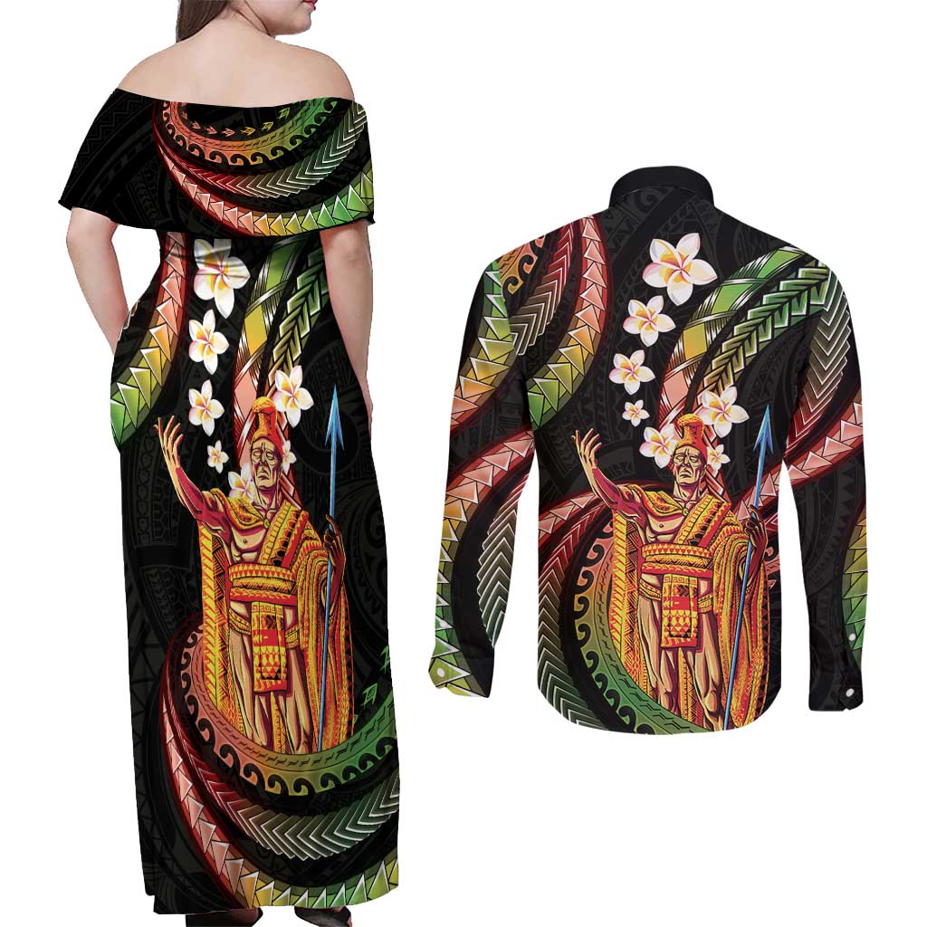 Hawaii King Kamehameha Couples Matching Off Shoulder Maxi Dress and Long Sleeve Button Shirt Fantastic Plumeria Reggae