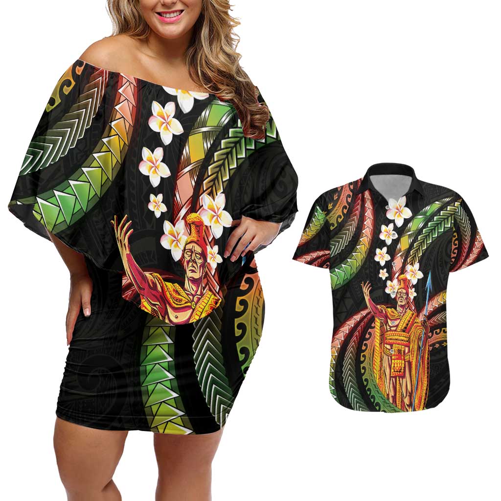 Hawaii King Kamehameha Couples Matching Off Shoulder Short Dress and Hawaiian Shirt Fantastic Plumeria Reggae