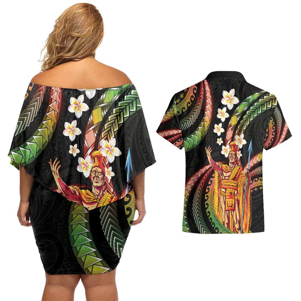 Hawaii King Kamehameha Couples Matching Off Shoulder Short Dress and Hawaiian Shirt Fantastic Plumeria Reggae