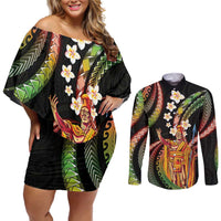 Hawaii King Kamehameha Couples Matching Off Shoulder Short Dress and Long Sleeve Button Shirt Fantastic Plumeria Reggae
