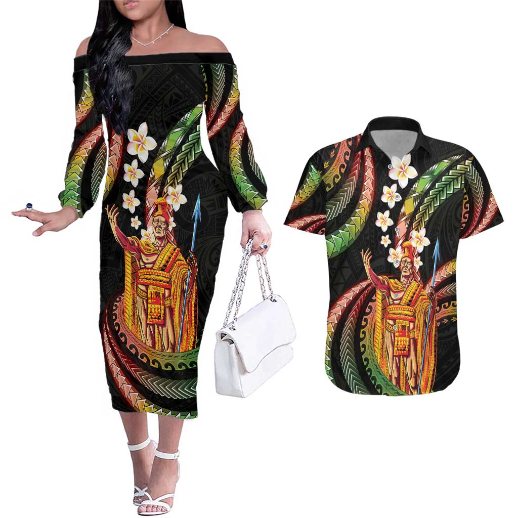 Hawaii King Kamehameha Couples Matching Off The Shoulder Long Sleeve Dress and Hawaiian Shirt Fantastic Plumeria Reggae