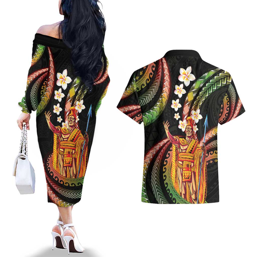 Hawaii King Kamehameha Couples Matching Off The Shoulder Long Sleeve Dress and Hawaiian Shirt Fantastic Plumeria Reggae