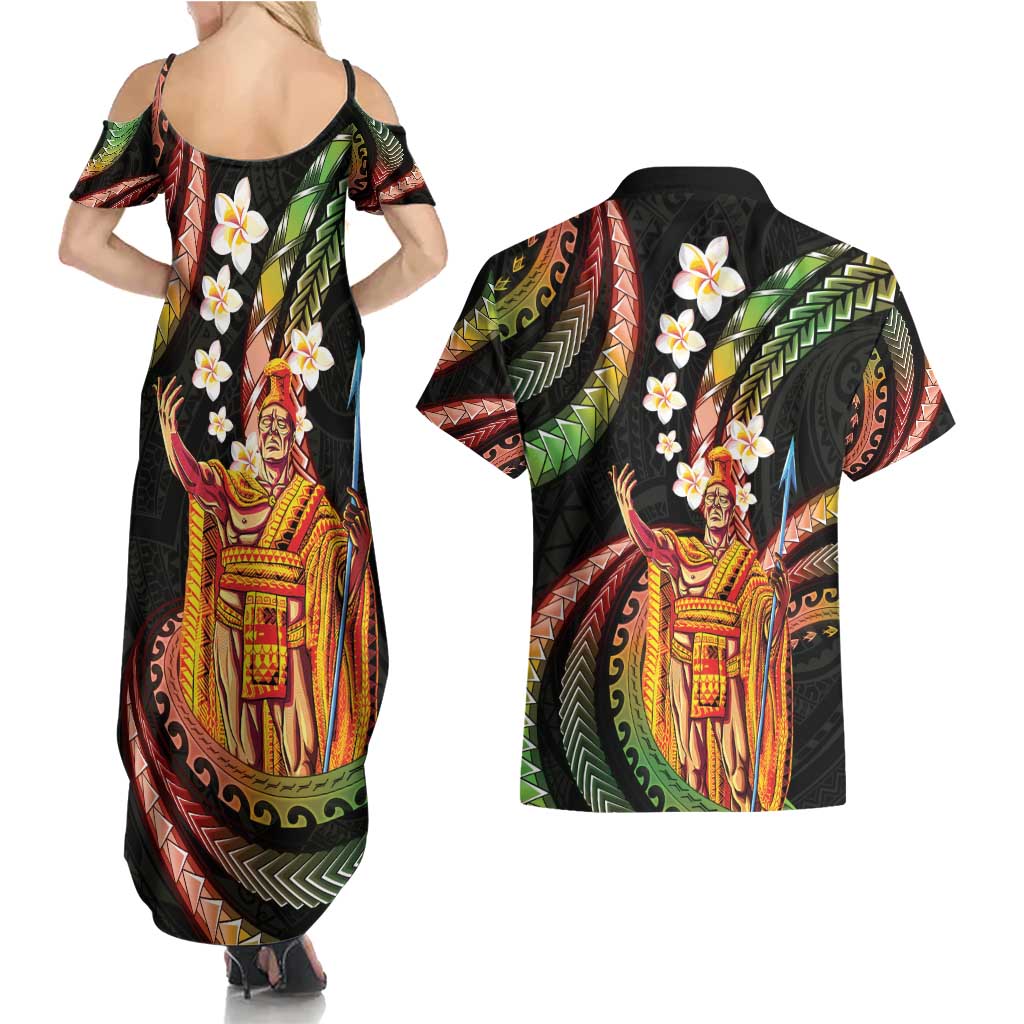 Hawaii King Kamehameha Couples Matching Summer Maxi Dress and Hawaiian Shirt Fantastic Plumeria Reggae
