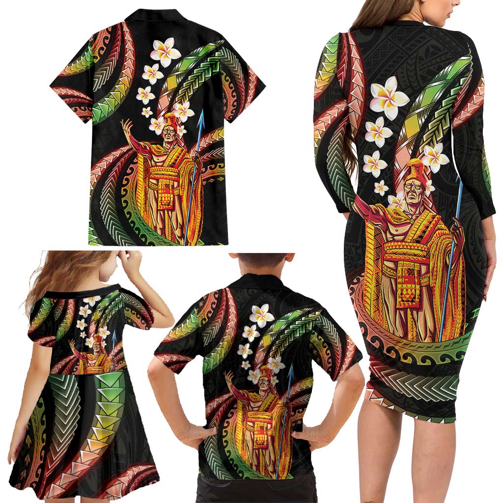Hawaii King Kamehameha Family Matching Long Sleeve Bodycon Dress and Hawaiian Shirt Fantastic Plumeria Reggae