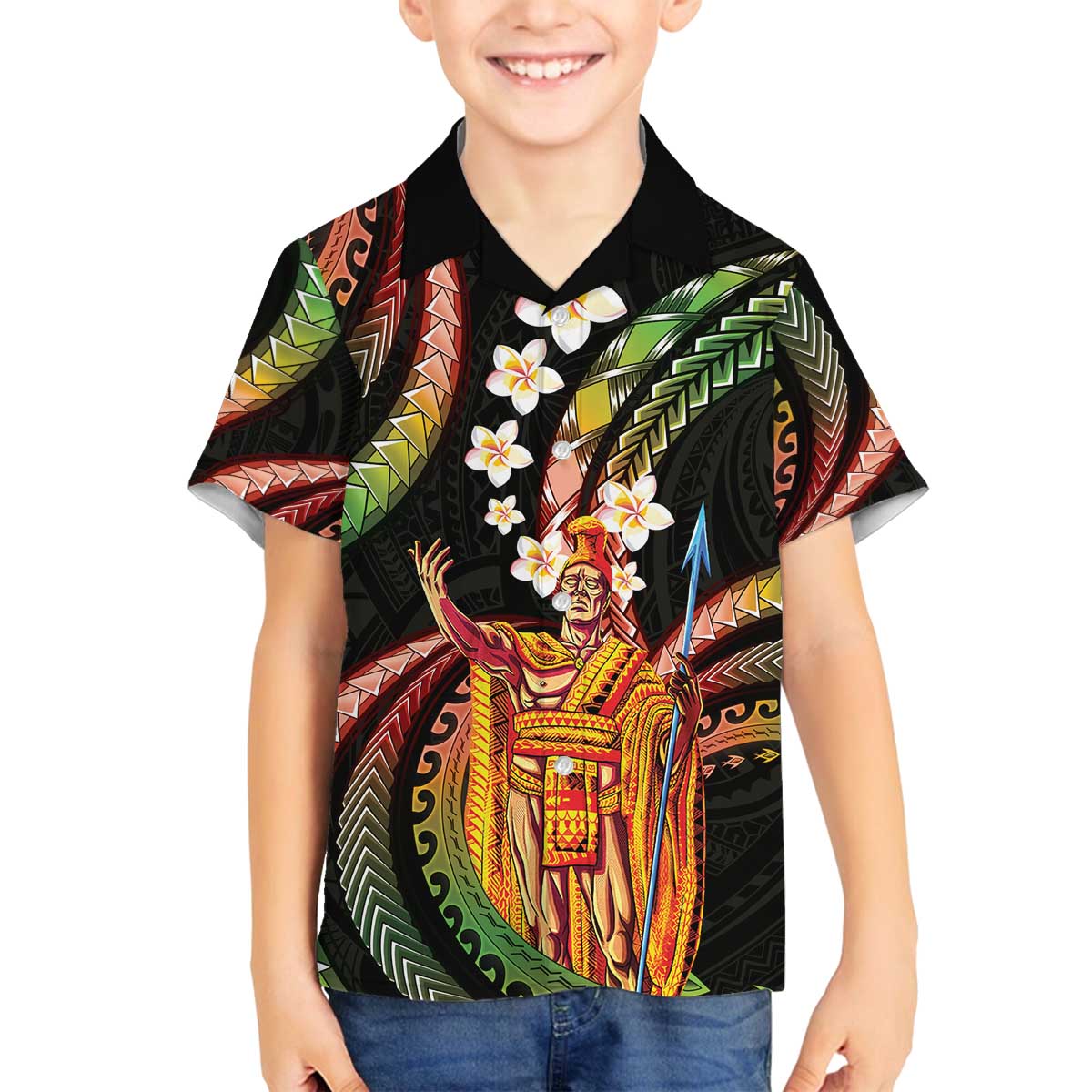 Hawaii King Kamehameha Family Matching Off The Shoulder Long Sleeve Dress and Hawaiian Shirt Fantastic Plumeria Reggae
