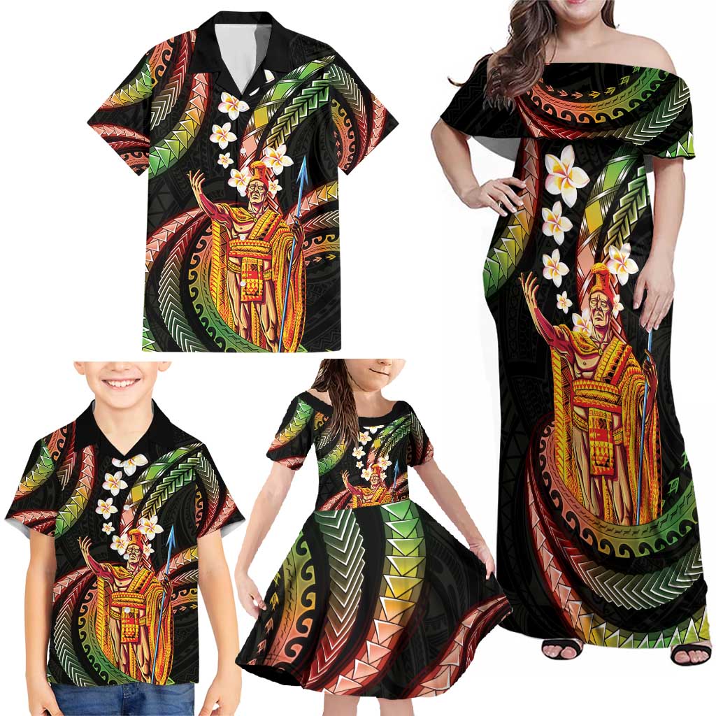 Hawaii King Kamehameha Family Matching Off Shoulder Maxi Dress and Hawaiian Shirt Fantastic Plumeria Reggae