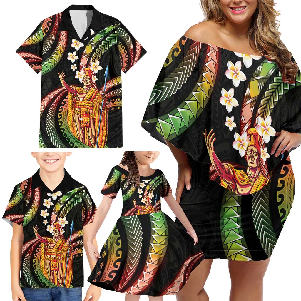 Hawaii King Kamehameha Family Matching Off Shoulder Short Dress and Hawaiian Shirt Fantastic Plumeria Reggae