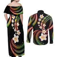 Hawaii Plumeria Reggae Couples Matching Off Shoulder Maxi Dress and Long Sleeve Button Shirt Polynesian Pattern