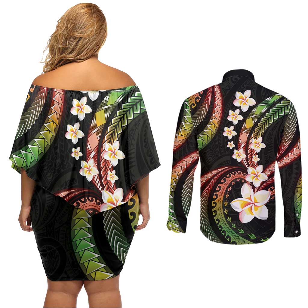 Hawaii Plumeria Reggae Couples Matching Off Shoulder Short Dress and Long Sleeve Button Shirt Polynesian Pattern