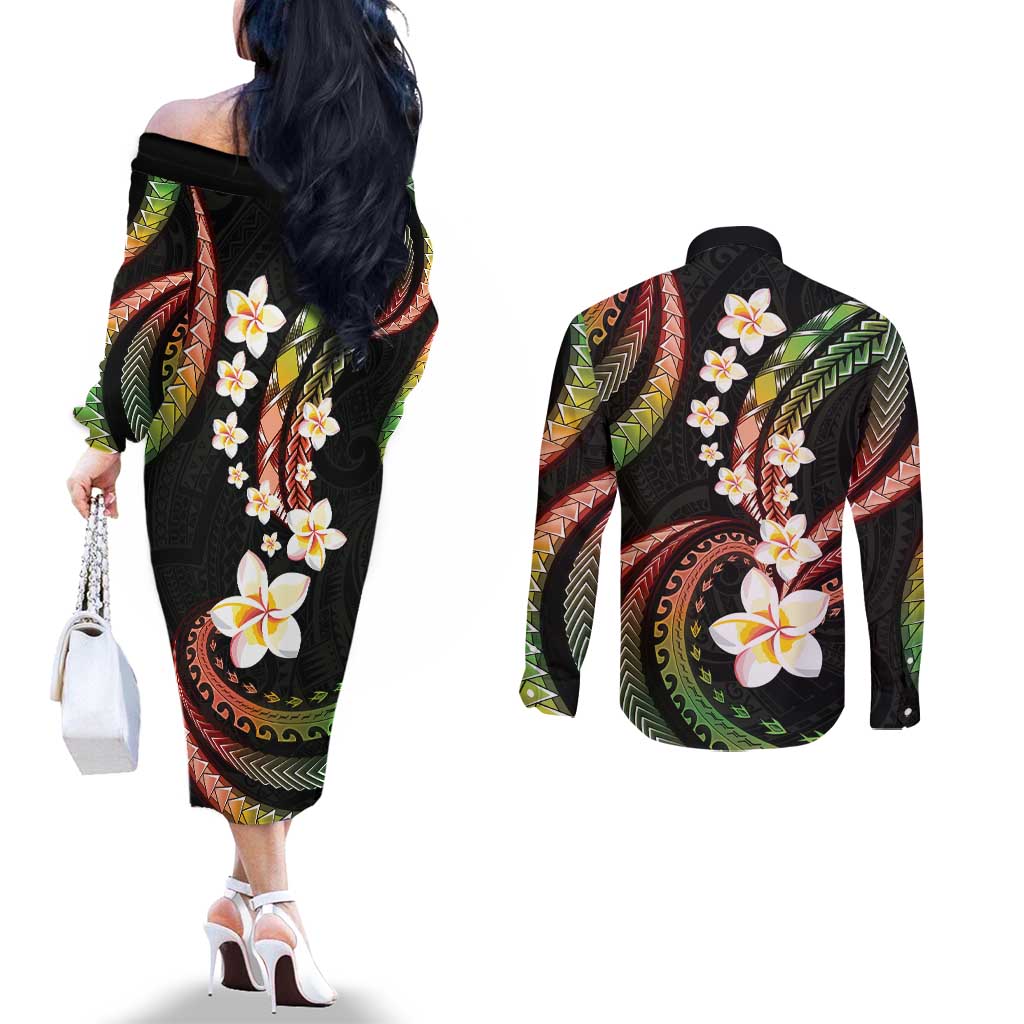 Hawaii Plumeria Reggae Couples Matching Off The Shoulder Long Sleeve Dress and Long Sleeve Button Shirt Polynesian Pattern