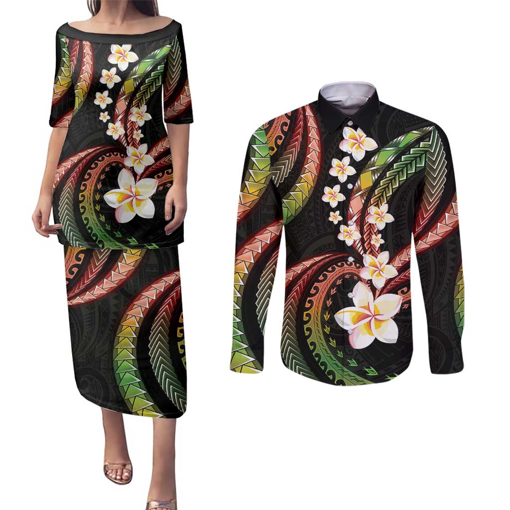 Hawaii Plumeria Reggae Couples Matching Puletasi and Long Sleeve Button Shirt Polynesian Pattern