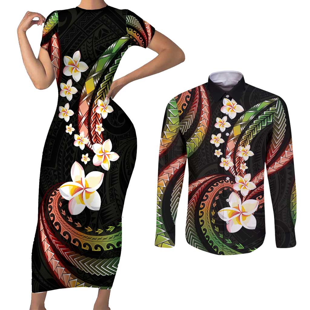 Hawaii Plumeria Reggae Couples Matching Short Sleeve Bodycon Dress and Long Sleeve Button Shirt Polynesian Pattern