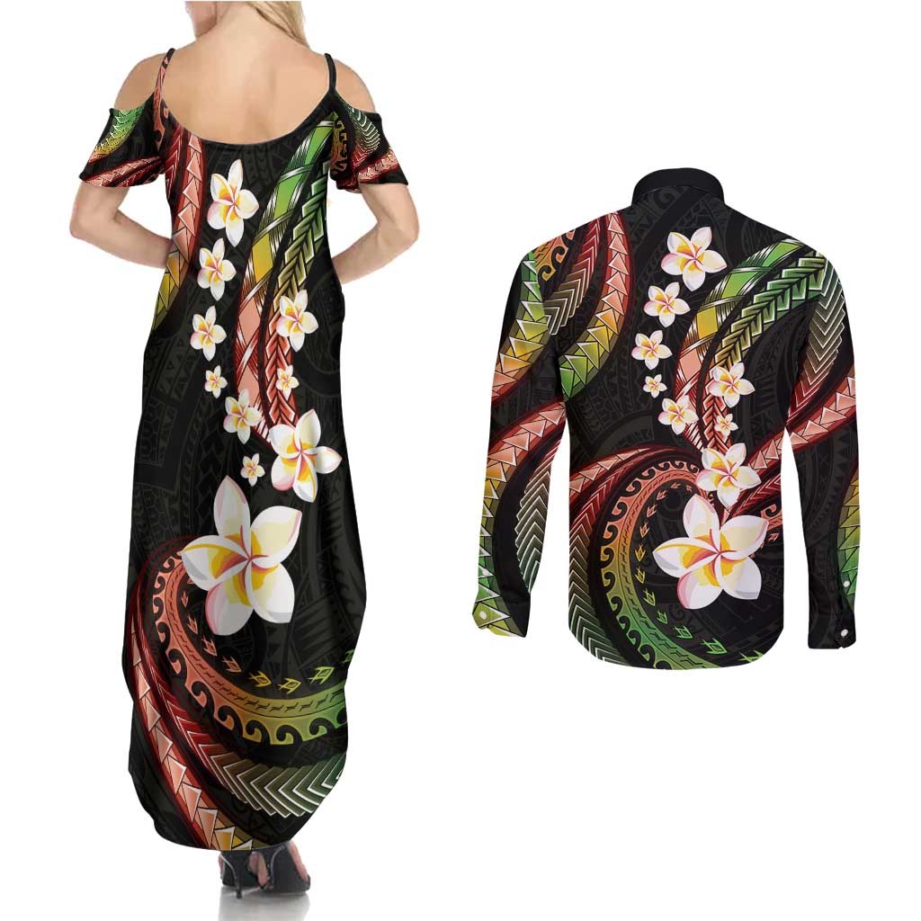 Hawaii Plumeria Reggae Couples Matching Summer Maxi Dress and Long Sleeve Button Shirt Polynesian Pattern