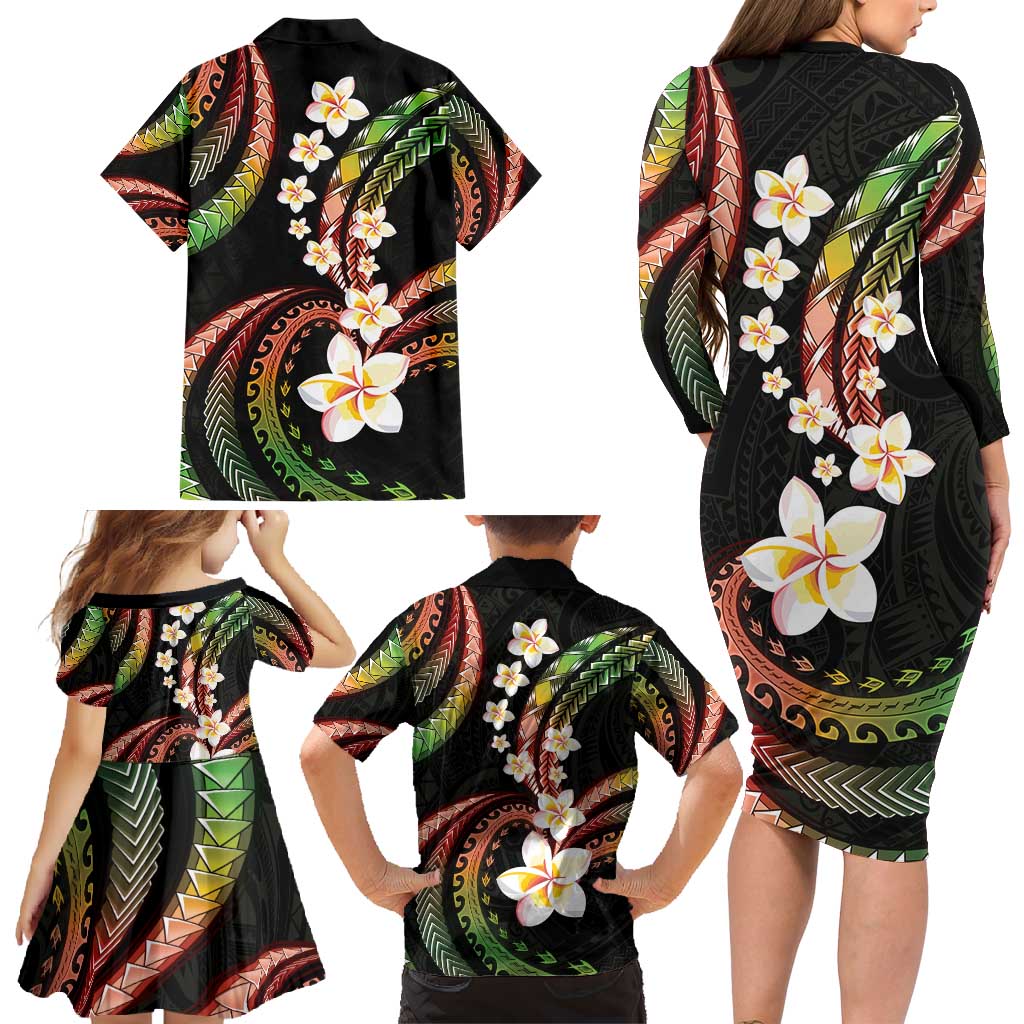 Hawaii Plumeria Reggae Family Matching Long Sleeve Bodycon Dress and Hawaiian Shirt Polynesian Pattern