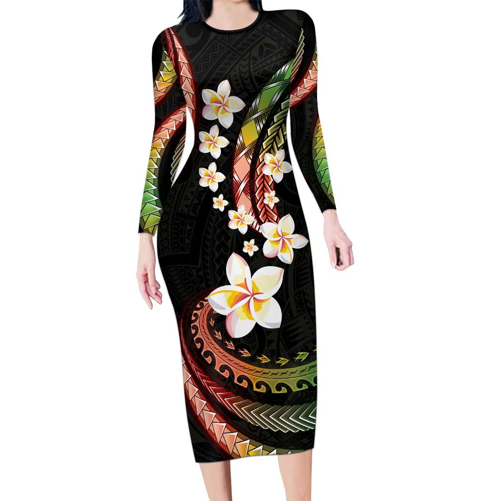 Hawaii Plumeria Reggae Family Matching Long Sleeve Bodycon Dress and Hawaiian Shirt Polynesian Pattern