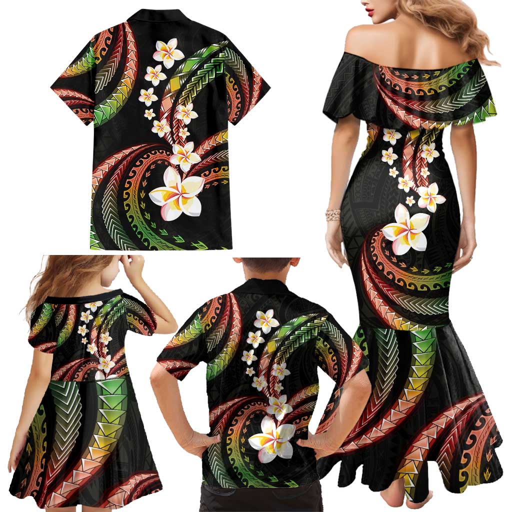 Hawaii Plumeria Reggae Family Matching Mermaid Dress and Hawaiian Shirt Polynesian Pattern
