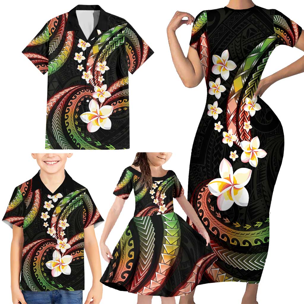 Hawaii Plumeria Reggae Family Matching Short Sleeve Bodycon Dress and Hawaiian Shirt Polynesian Pattern