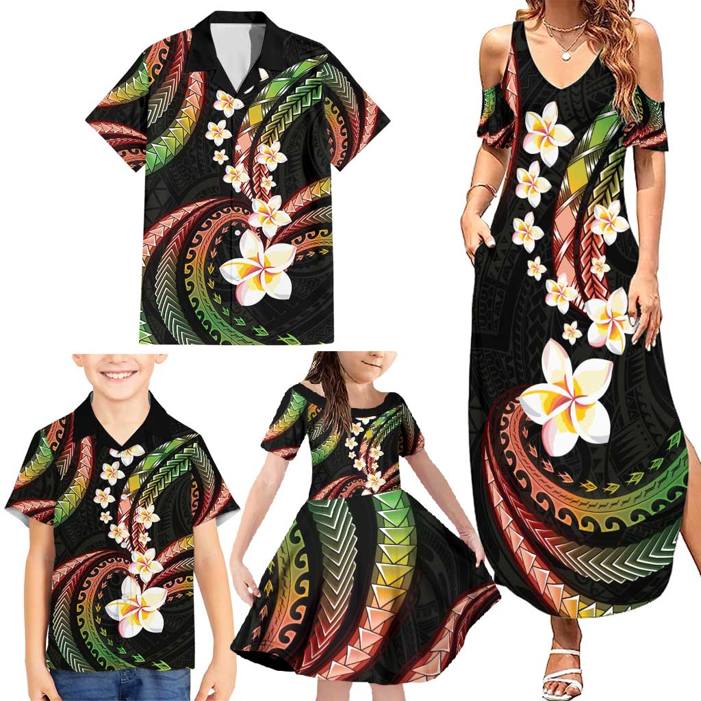Hawaii Plumeria Reggae Family Matching Summer Maxi Dress and Hawaiian Shirt Polynesian Pattern