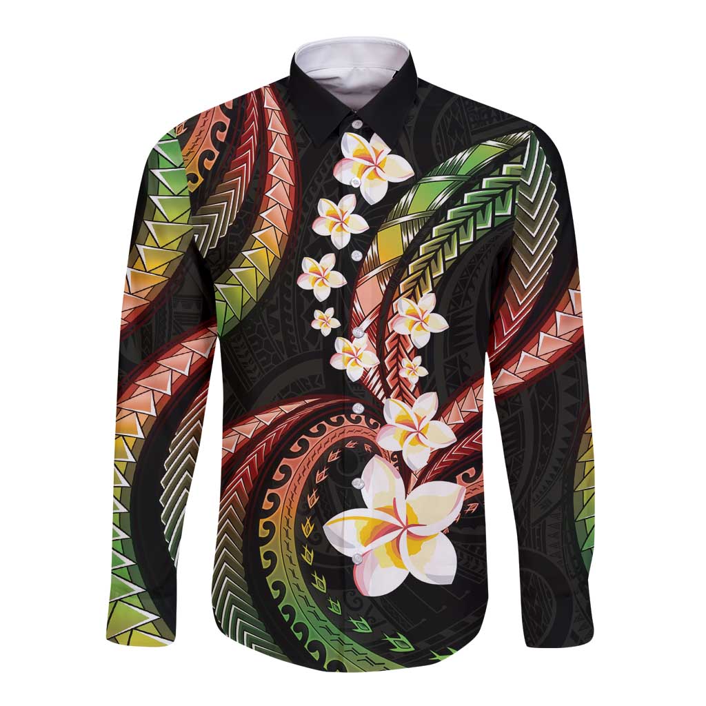 Hawaii Plumeria Reggae Long Sleeve Button Shirt Polynesian Pattern