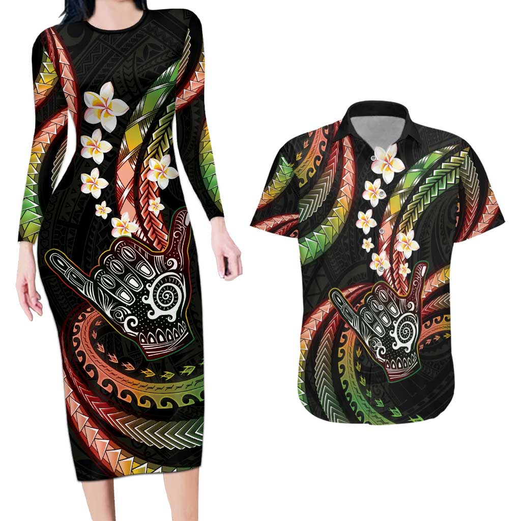 Hawaii Shaka Sign Couples Matching Long Sleeve Bodycon Dress and Hawaiian Shirt Fantastic Frangipani Reggae