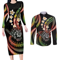 Hawaii Shaka Sign Couples Matching Long Sleeve Bodycon Dress and Long Sleeve Button Shirt Fantastic Frangipani Reggae