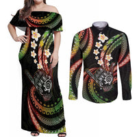Hawaii Shaka Sign Couples Matching Off Shoulder Maxi Dress and Long Sleeve Button Shirt Fantastic Frangipani Reggae