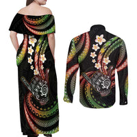 Hawaii Shaka Sign Couples Matching Off Shoulder Maxi Dress and Long Sleeve Button Shirt Fantastic Frangipani Reggae