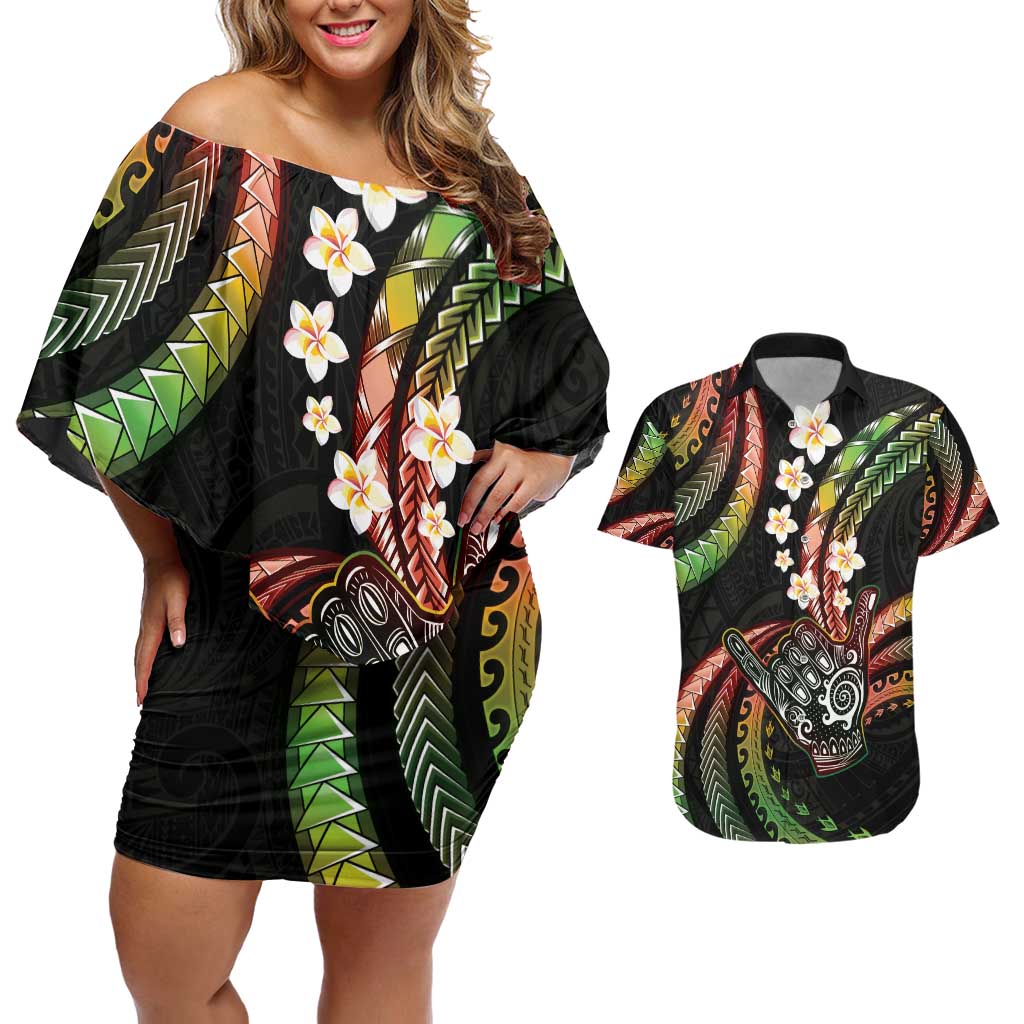 Hawaii Shaka Sign Couples Matching Off Shoulder Short Dress and Hawaiian Shirt Fantastic Frangipani Reggae