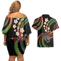 Hawaii Shaka Sign Couples Matching Off Shoulder Short Dress and Hawaiian Shirt Fantastic Frangipani Reggae