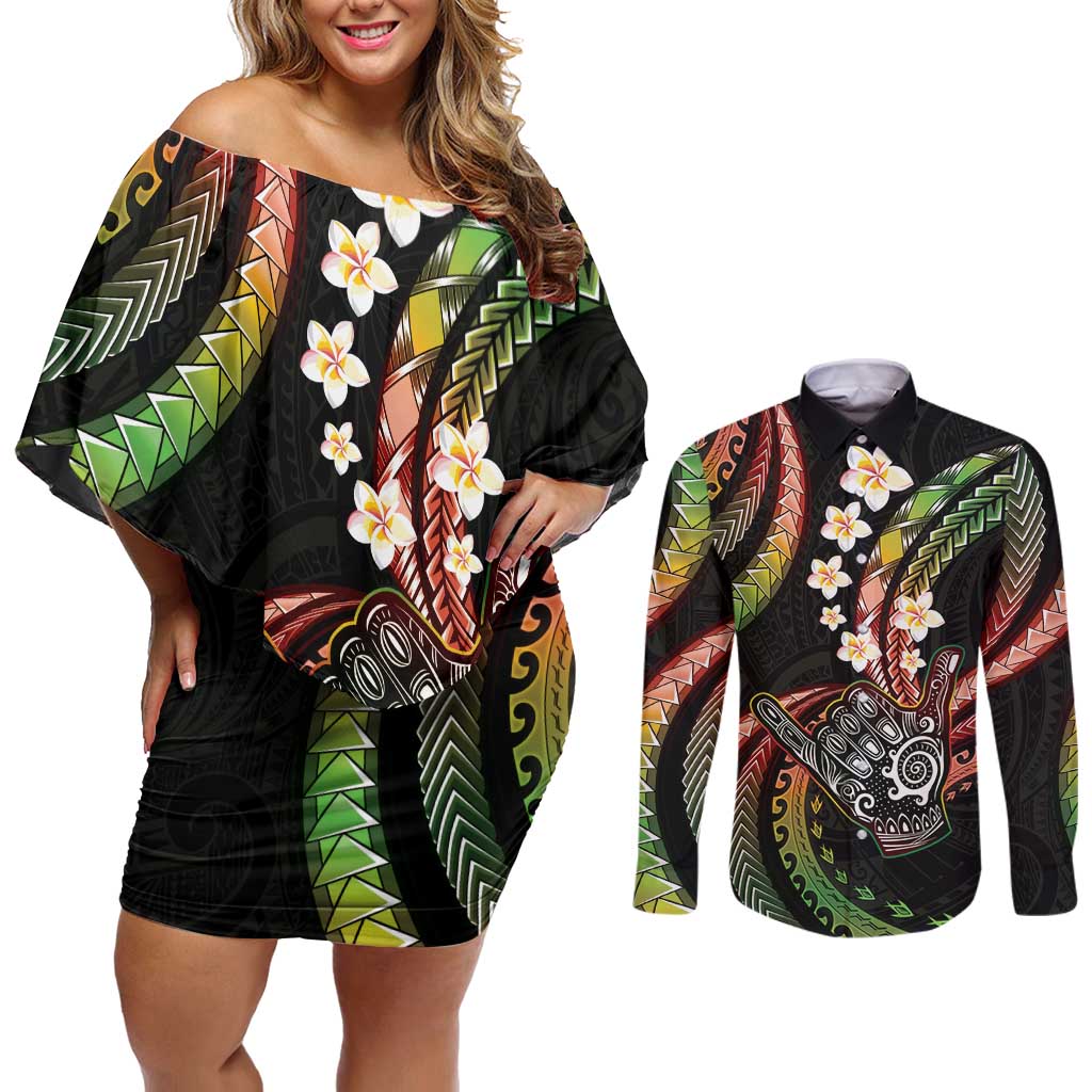 Hawaii Shaka Sign Couples Matching Off Shoulder Short Dress and Long Sleeve Button Shirt Fantastic Frangipani Reggae