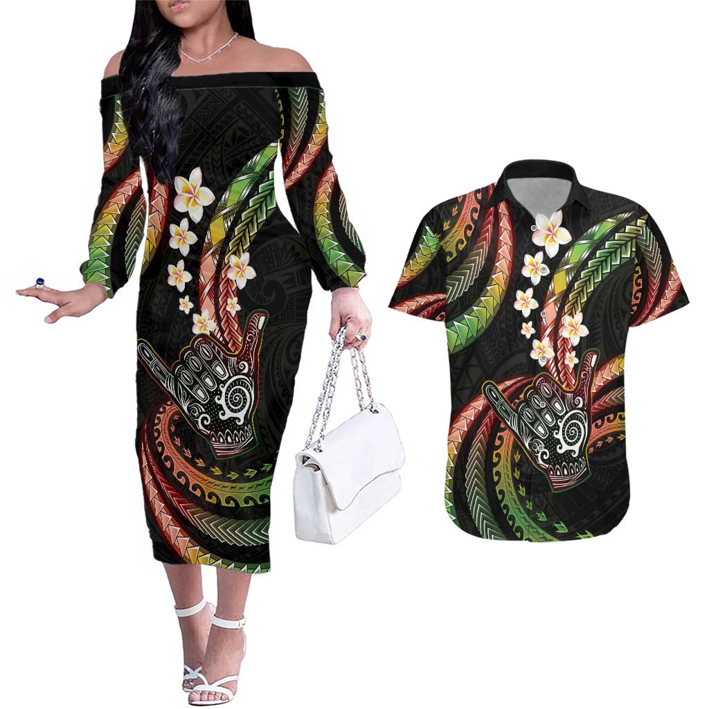 Hawaii Shaka Sign Couples Matching Off The Shoulder Long Sleeve Dress and Hawaiian Shirt Fantastic Frangipani Reggae