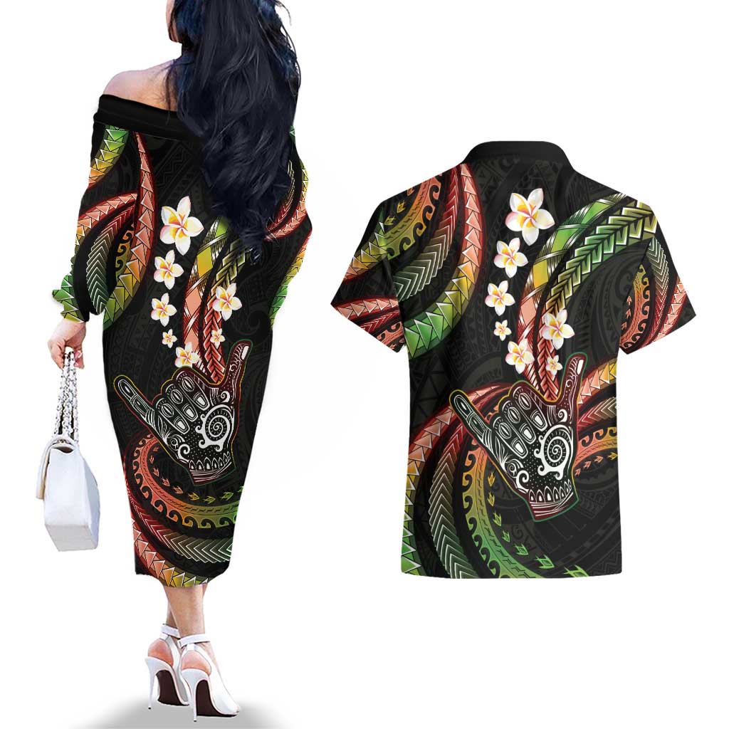 Hawaii Shaka Sign Couples Matching Off The Shoulder Long Sleeve Dress and Hawaiian Shirt Fantastic Frangipani Reggae
