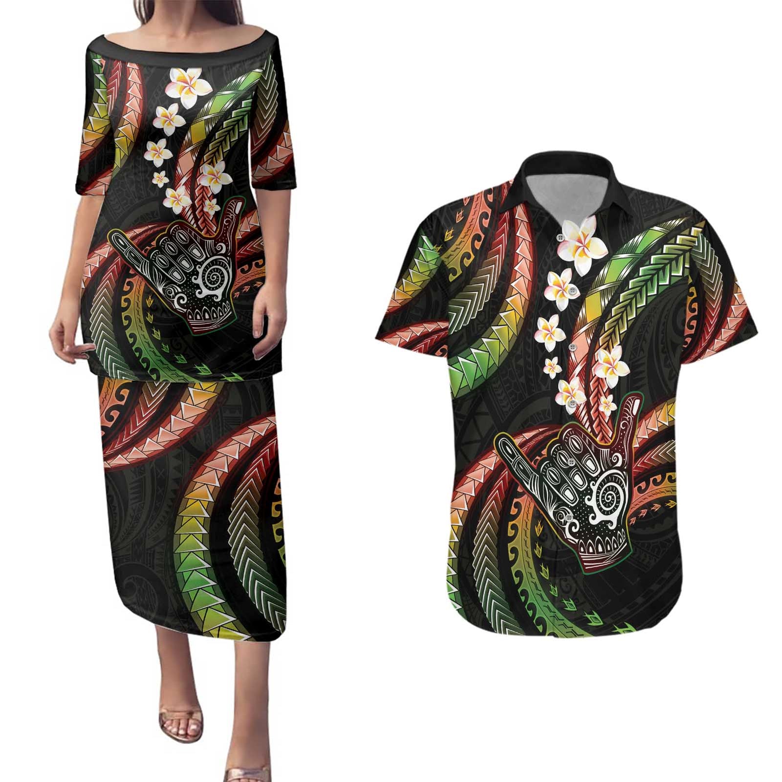 Hawaii Shaka Sign Couples Matching Puletasi and Hawaiian Shirt Fantastic Frangipani Reggae