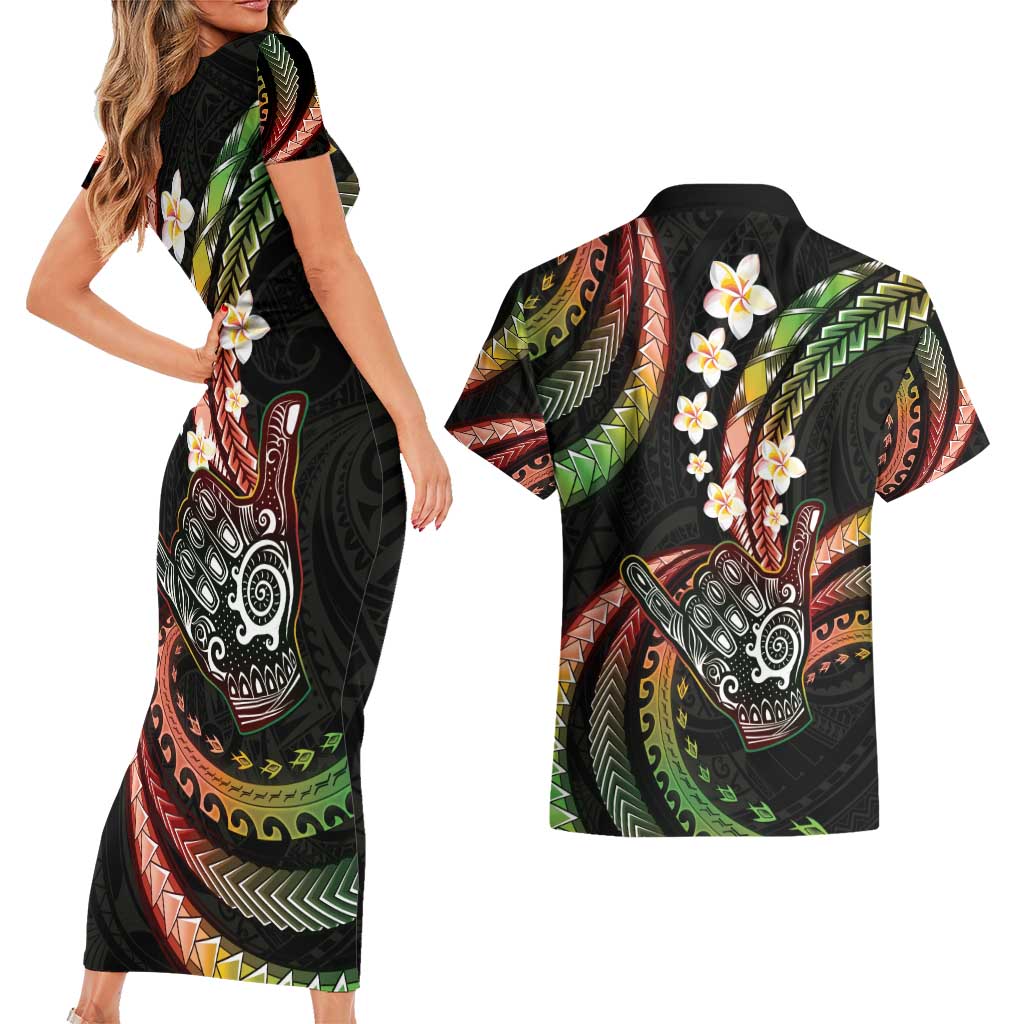 Hawaii Shaka Sign Couples Matching Short Sleeve Bodycon Dress and Hawaiian Shirt Fantastic Frangipani Reggae
