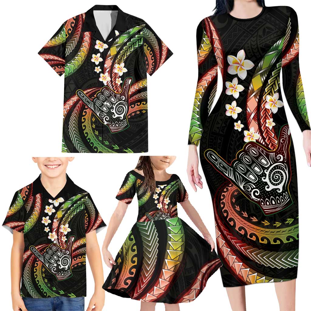 Hawaii Shaka Sign Family Matching Long Sleeve Bodycon Dress and Hawaiian Shirt Fantastic Frangipani Reggae
