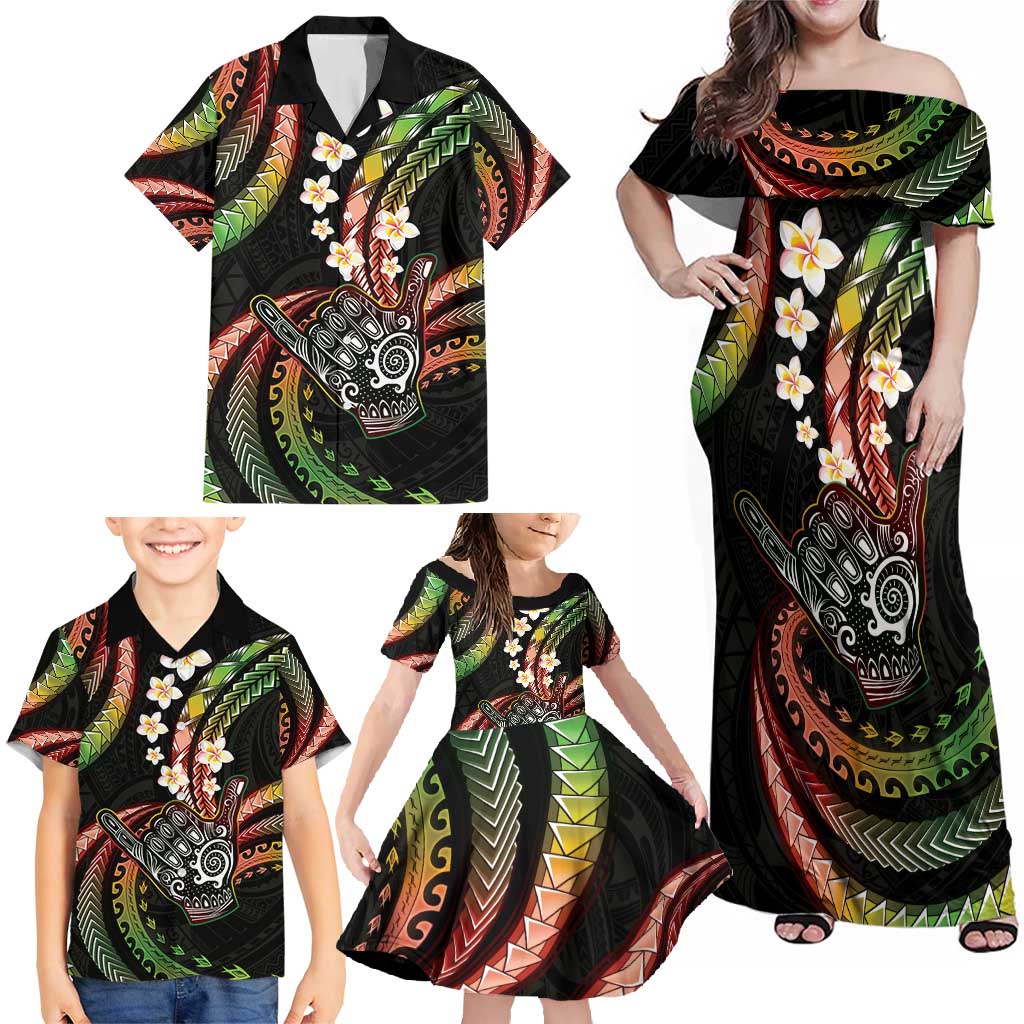 Hawaii Shaka Sign Family Matching Off Shoulder Maxi Dress and Hawaiian Shirt Fantastic Frangipani Reggae
