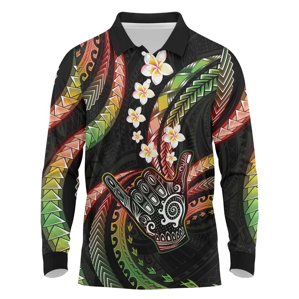 Hawaii Shaka Sign Long Sleeve Polo Shirt Fantastic Frangipani Reggae
