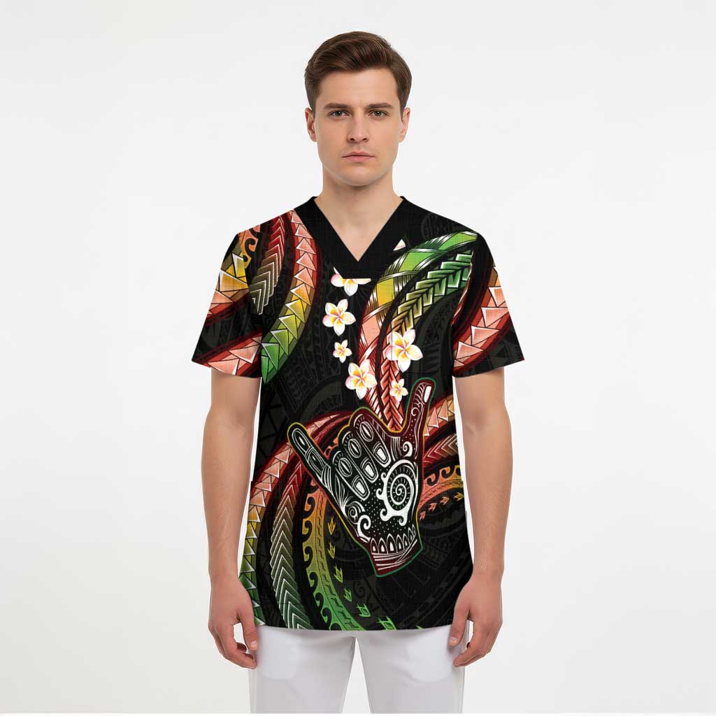 Hawaii Shaka Sign Scrub Top Fantastic Frangipani Reggae - Polynesian Pride