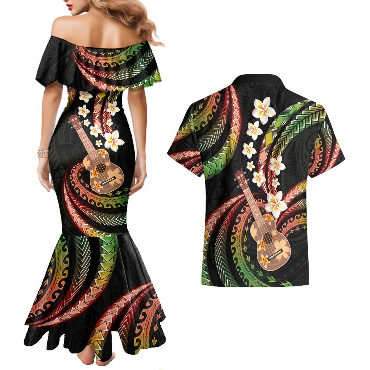 Hawaiian Ukulele Couples Matching Mermaid Dress and Hawaiian Shirt Jawaiian Fantastic Plumeria