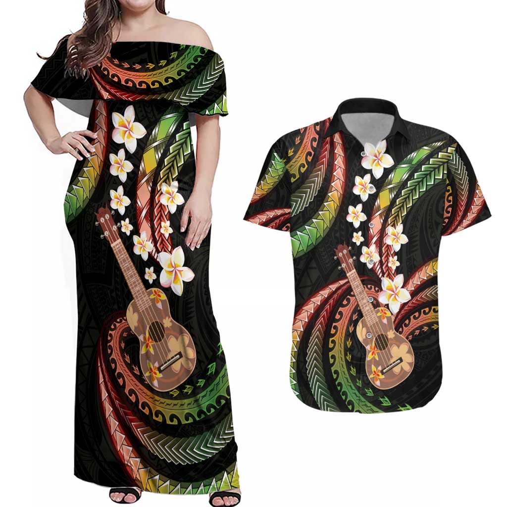 Hawaiian Ukulele Couples Matching Off Shoulder Maxi Dress and Hawaiian Shirt Jawaiian Fantastic Plumeria